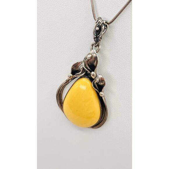 SZ Vintage Teardrop Baltic Yellow Yoke Amber Lily Frame Pendant Only Silver 925 - Picture 8 of 10